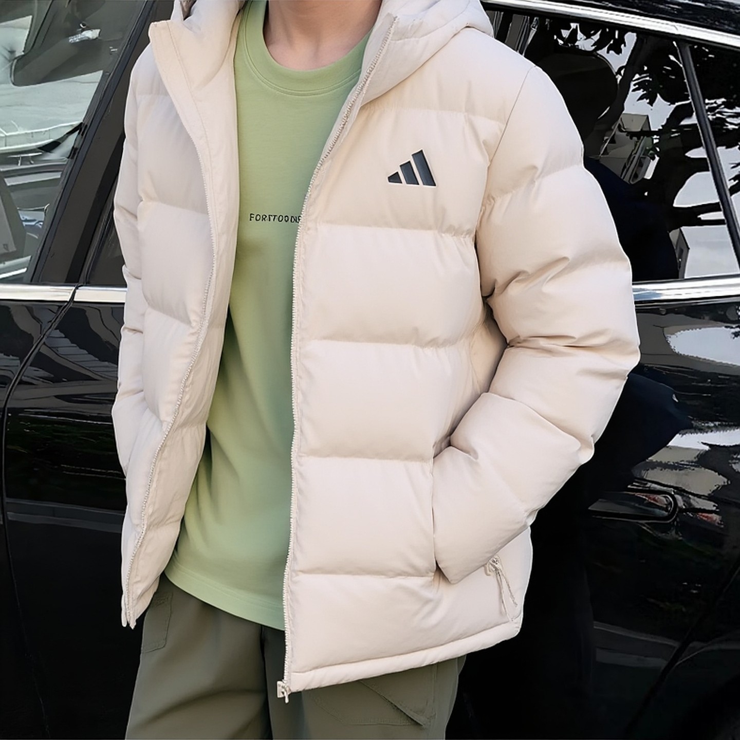 阿迪达斯羽绒服男冬季新款连帽加厚米白篮球外套复古宽松面包服