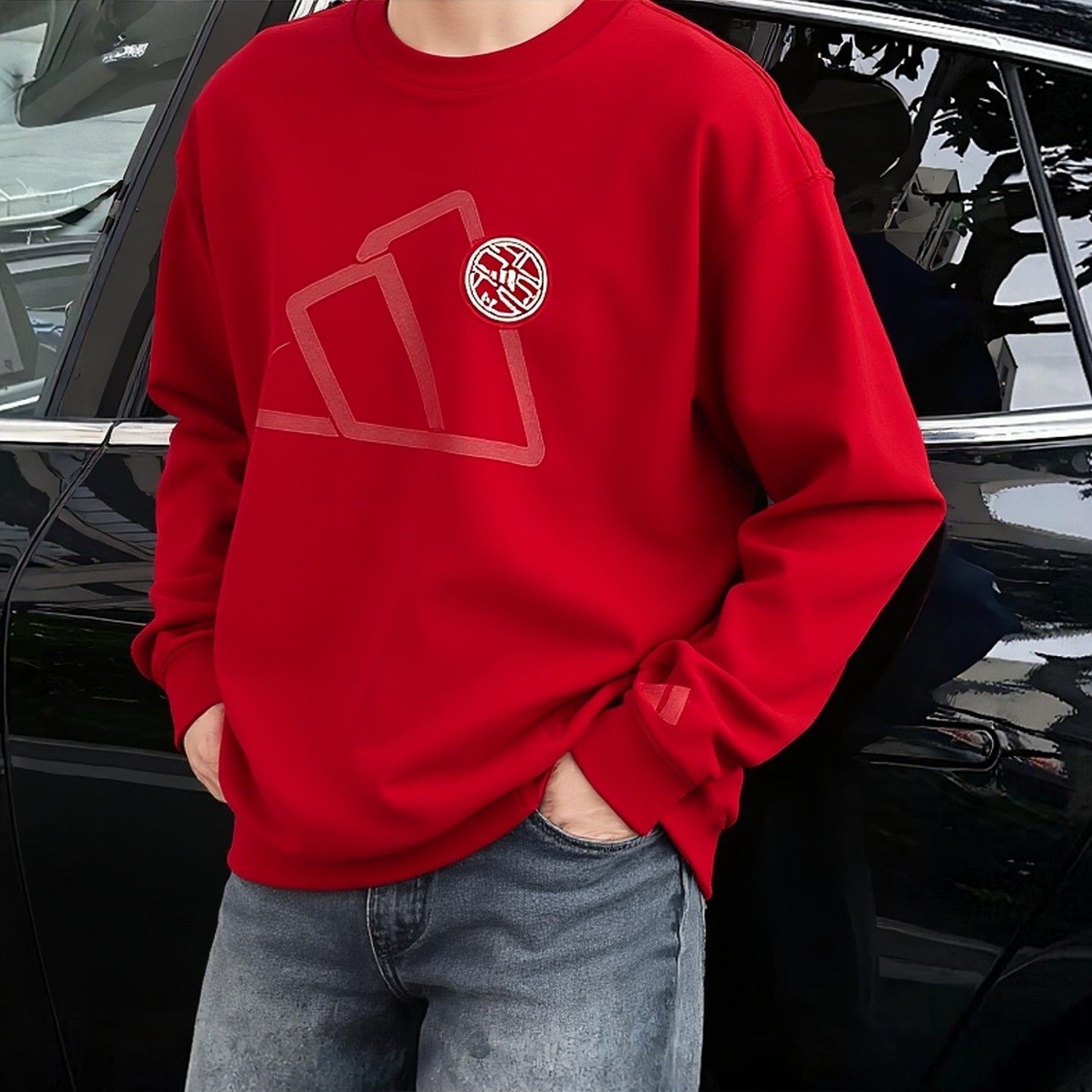 阿迪达斯红色卫衣男新年款宽松套头宽松运动服纯棉上衣男士打底衫