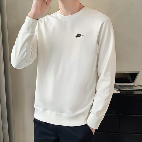 Nike耐克白色卫衣保暖圆领套头衫秋季新款男子上衣宽松外套运动服