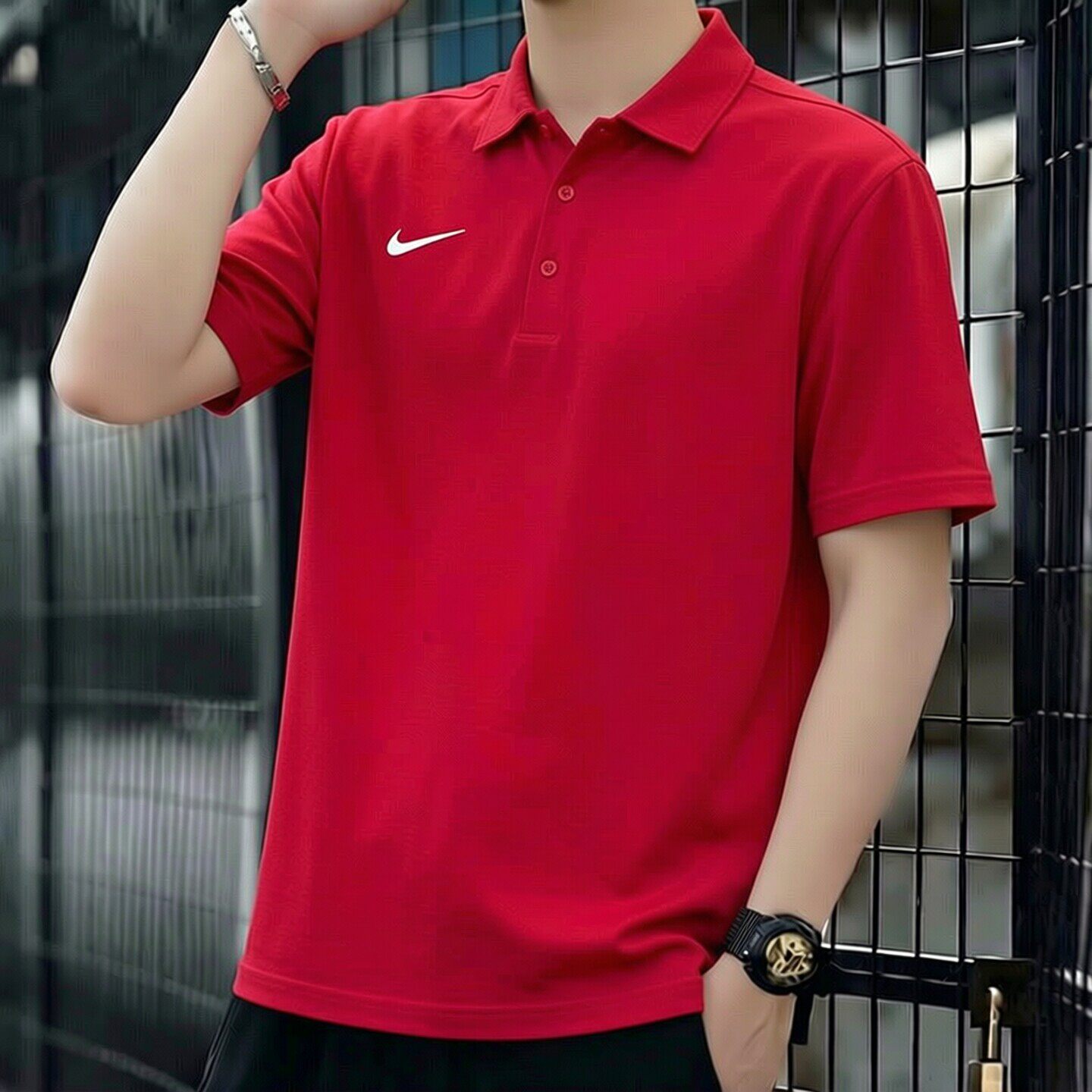 Nike耐克刺绣标红色短袖速干男士POLO衫新款翻领T恤健身运动上衣