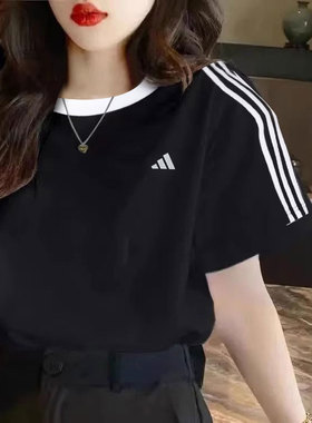 阿迪达斯短袖女夏季新款条纹半袖休闲纯棉校园上衣黑色T恤JI6977