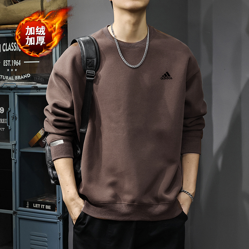 阿迪达斯加绒卫衣男冬季新款棕色运动服圆领打底美式篮球宽松外套