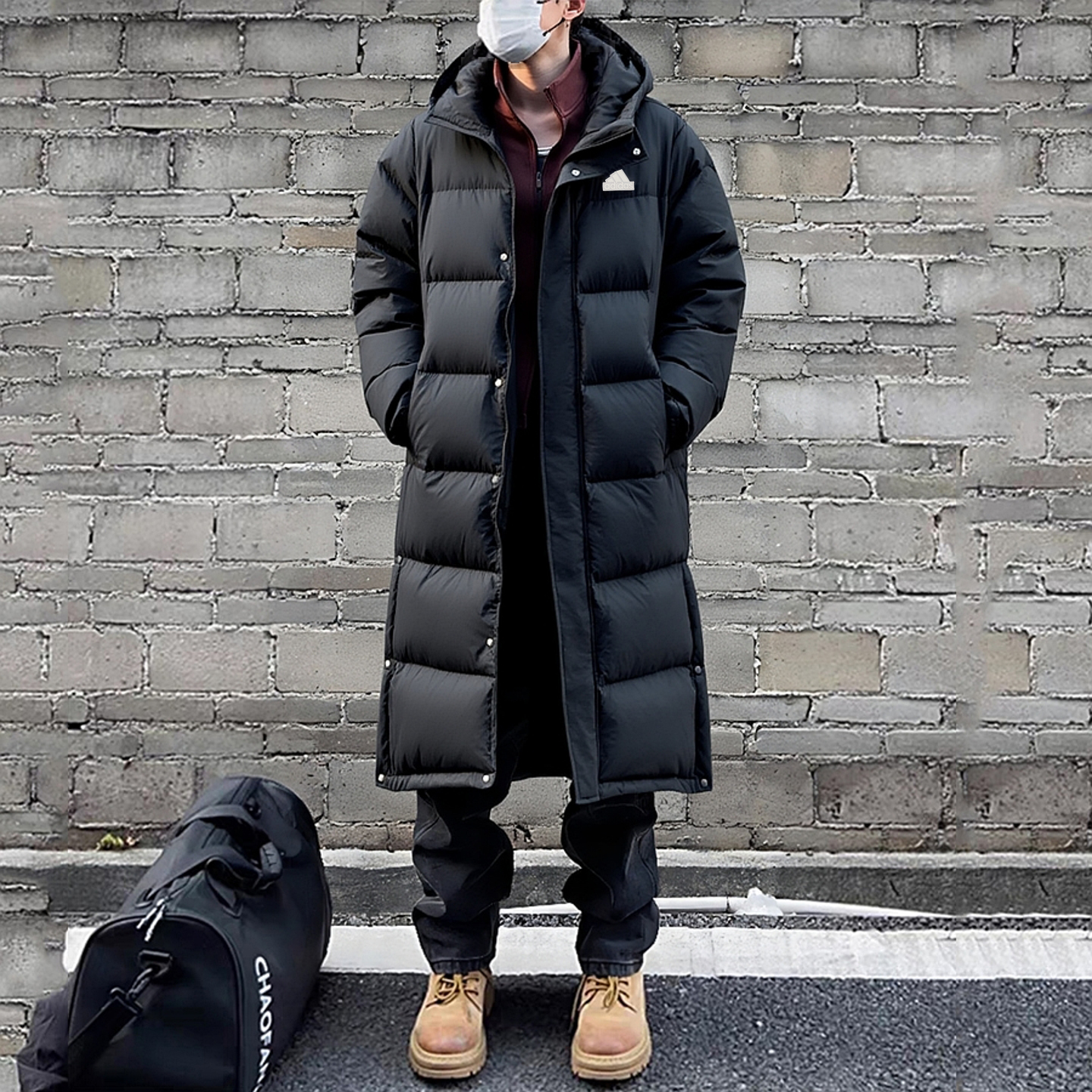 阿迪达斯长款羽绒服男冬季新款黑色美式宽松面包服拒水过膝外套男
