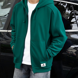 阿迪达斯美式外套男秋季新款重磅复古绿色运动服针织防风连帽夹克