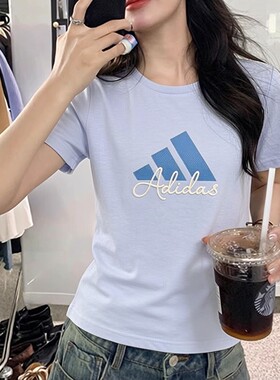 阿迪达斯蓝色T恤女夏季新款复古印花纯色半袖棉质上衣短袖KF2678