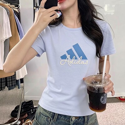 阿迪达斯蓝色T恤女夏季新款复古印花纯色半袖棉质上衣短袖KF2678