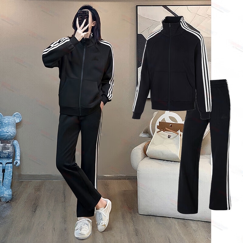 阿迪达斯三条纹外套长裤女运动服针织立领女士夹克宽松透气直筒裤