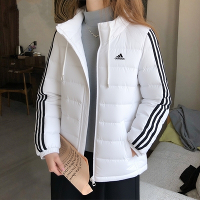 阿迪达斯轻薄排骨羽绒服女款秋冬季连帽防风保暖连帽夹克白色外套
