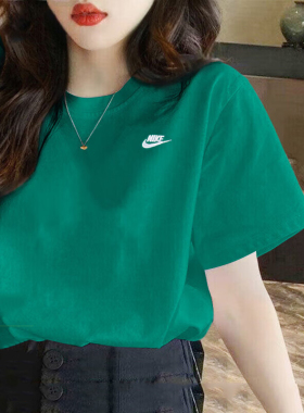 Nike耐克短袖男女纯棉绿色透气情侣健身纯色宽松休闲跑步运动T恤