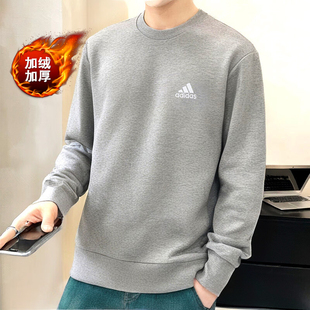 阿迪达斯灰色卫衣男秋季新款宽松大码运动服男士打底衫加绒外套