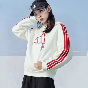 阿迪达斯连帽卫衣女秋季新款白色宽松三条杠运动服美式套头外套