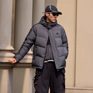 阿迪达灰色羽绒服外套男冬季新款户外运动服防寒保暖连帽休闲夹克