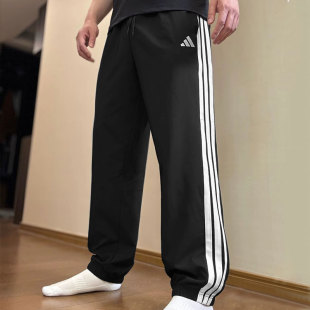 阿迪达斯裤子男夏季新款透气梭织运动裤三条杠长裤篮球美式束脚裤
