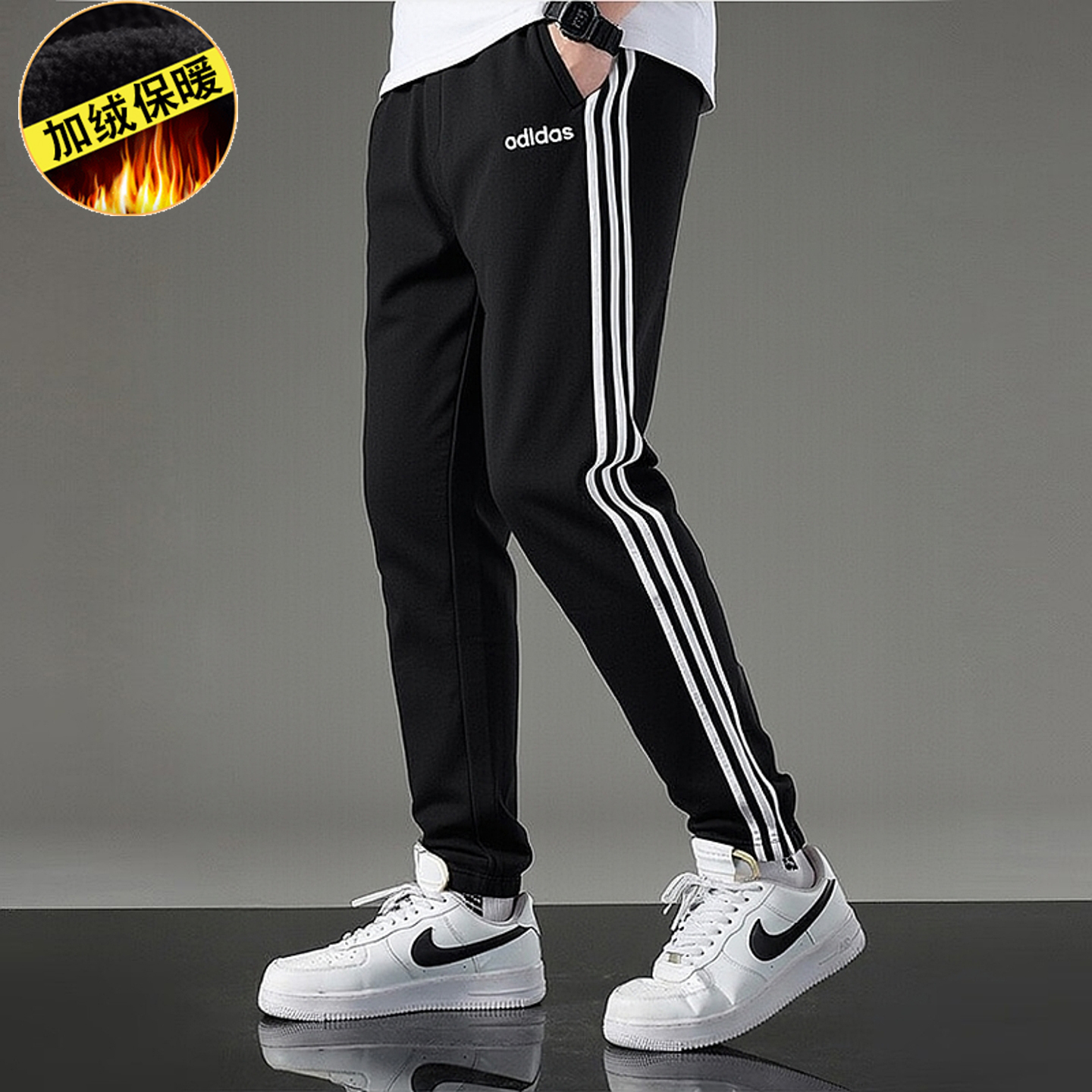 阿迪达斯裤子男加绒加厚冬季宽松休闲运动卫裤三条纹篮球长裤子
