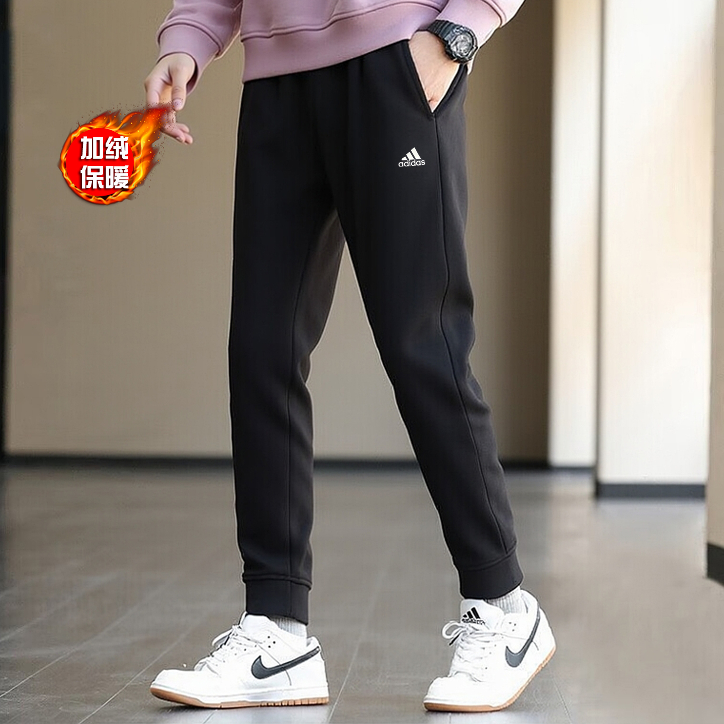 加绒裤子男秋季新款正品阿迪达斯运动小脚裤保暖卫裤休闲收口长裤