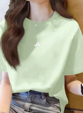 阿迪达斯短袖T恤女夏季新款绿色休闲半袖上衣圆领运动服打底衫