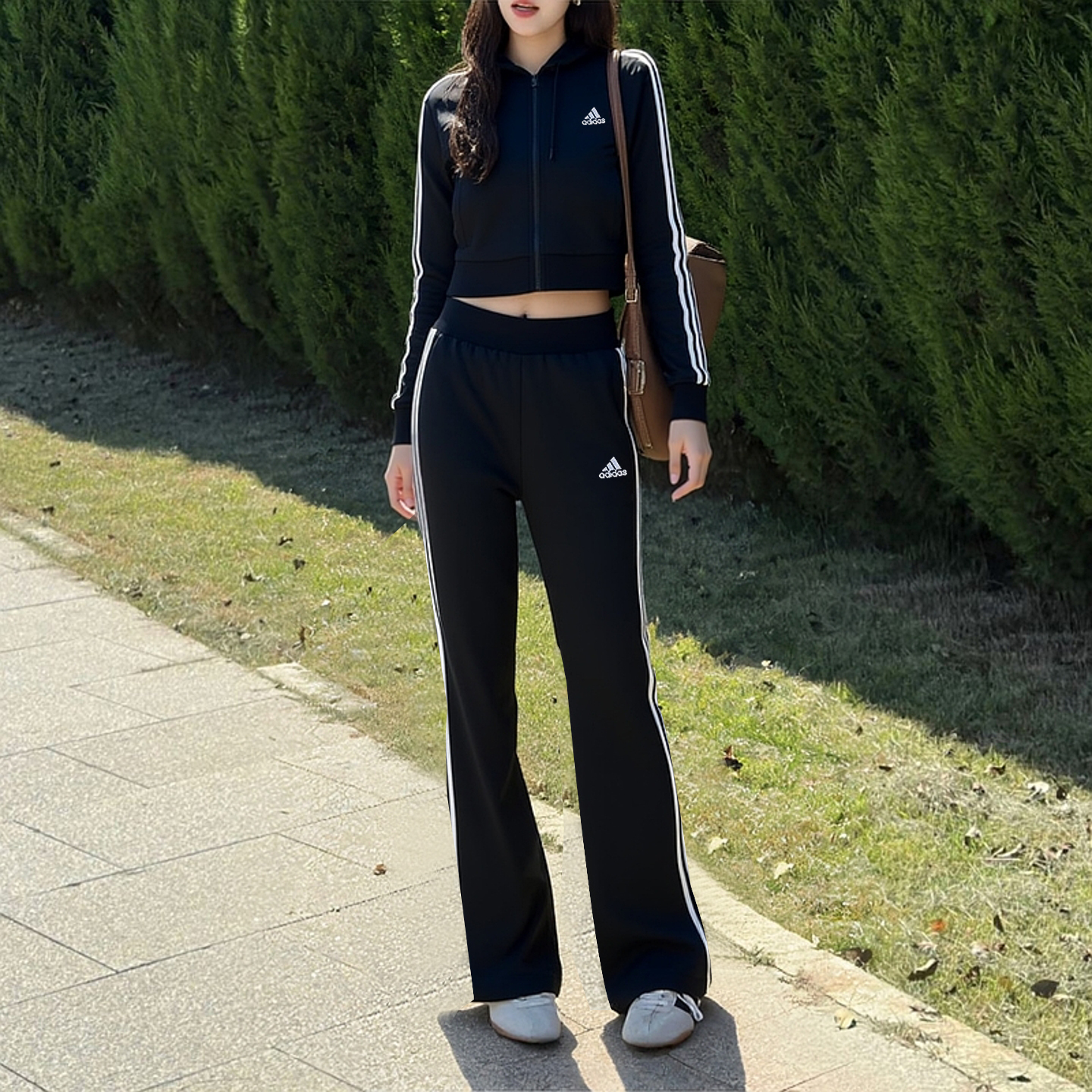 阿迪达斯两件套秋季新款运动服连帽外套短款显瘦喇叭裤女阔腿裤