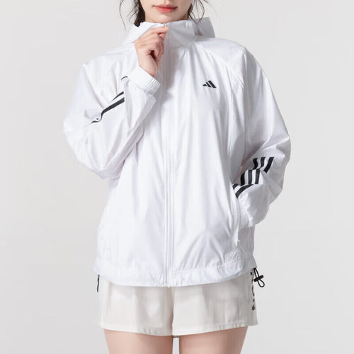 阿迪达斯白色外套女春季新款跑步运动服休闲连帽梭织夹克IS8042