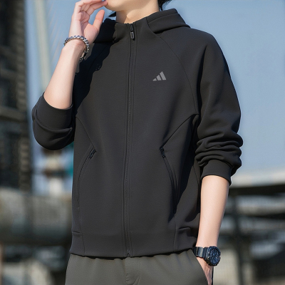 阿迪达斯连帽外套男春季新款宽松针织运动休闲男士黑色夹克KQ6670