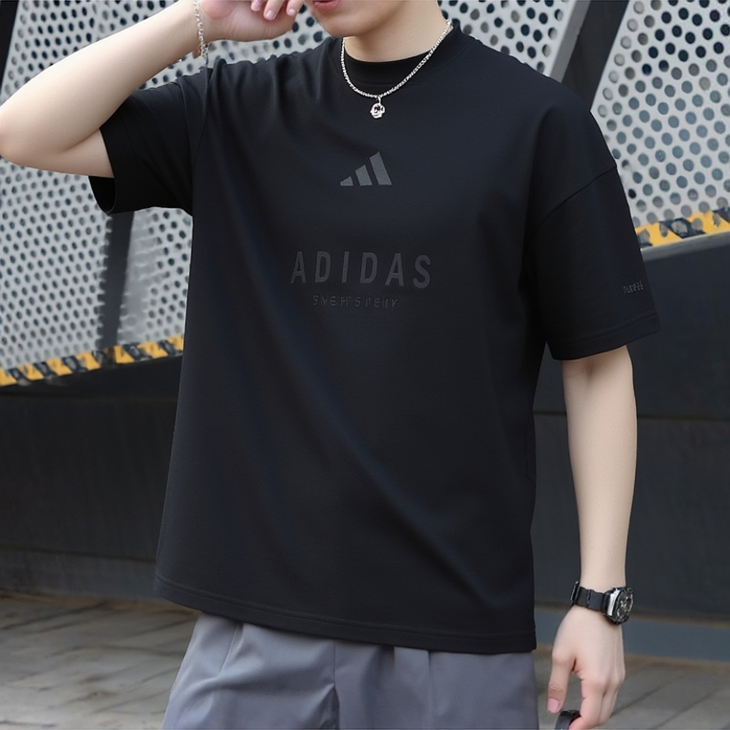 阿迪达斯短袖T恤男夏季新款黑色运动服纯棉透气休闲圆领半袖上衣