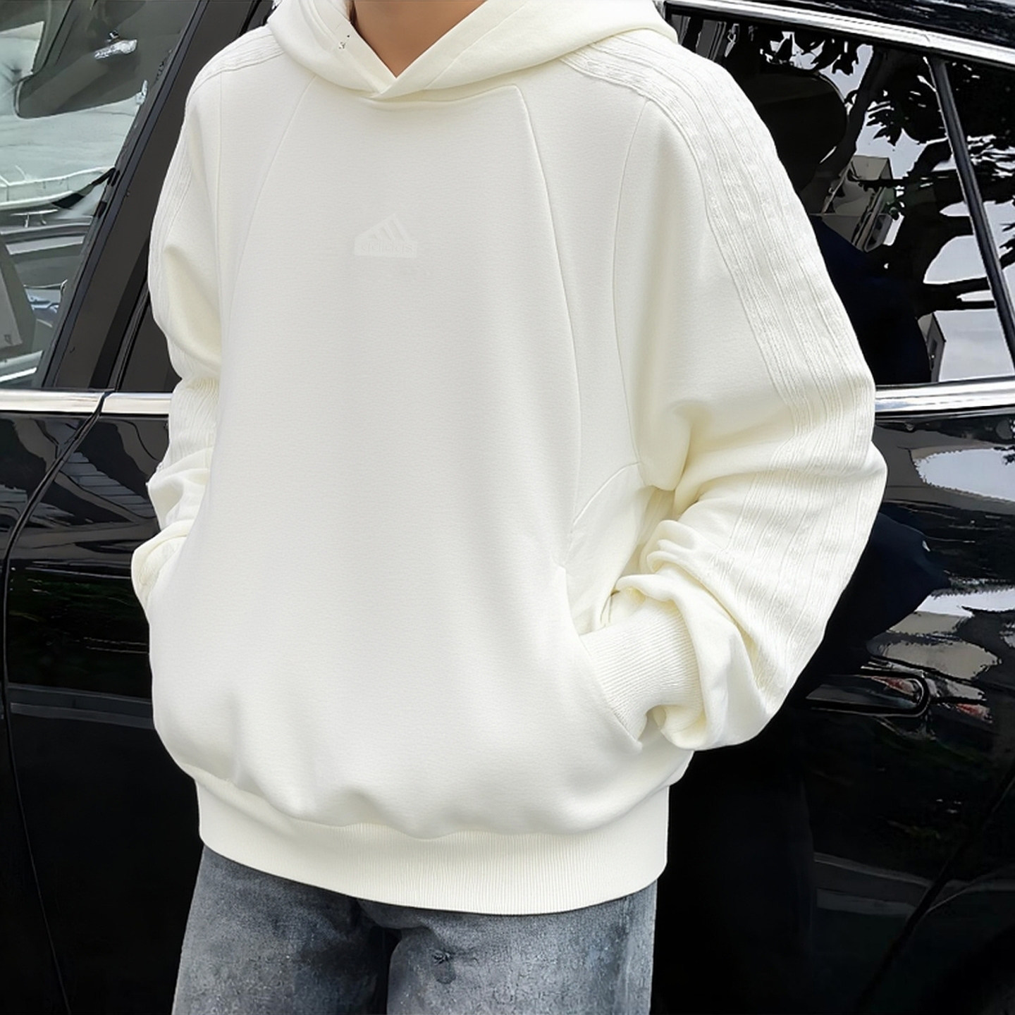 阿迪达斯白色卫衣男秋季新款加厚连帽衫宽松美式运动服加绒外套