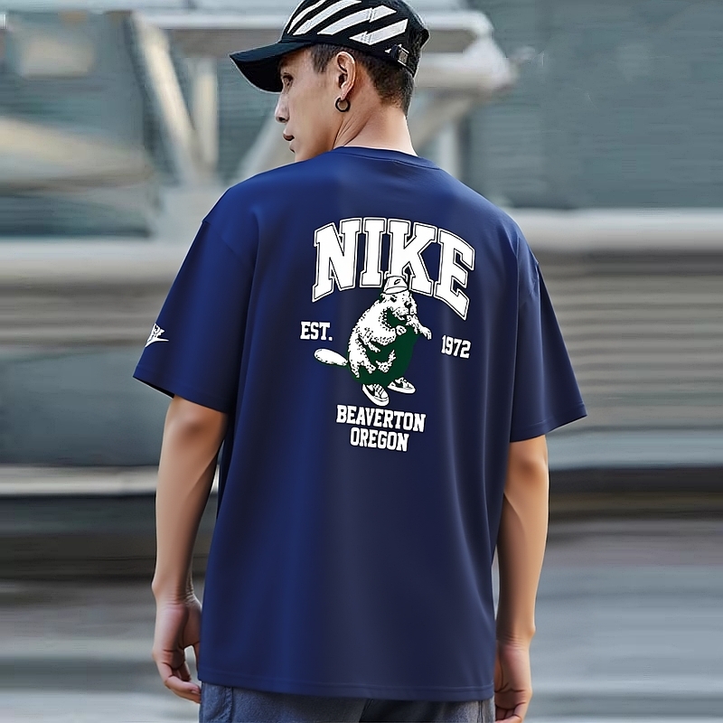 藏蓝色短袖Nike耐克宽松五分袖新款男子运动T恤纯棉印花休闲上衣