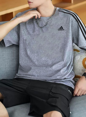 阿迪达斯T恤男夏季新款宽松半袖美式运动服灰色复古篮球纯棉短袖