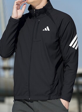 阿迪达斯立领外套男春季新款透气训练运动服黑色梭织防风衣夹克男