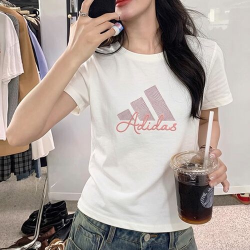 阿迪达斯白色T恤女夏季新款棉复古印花纯色宽松休闲上衣运动短袖