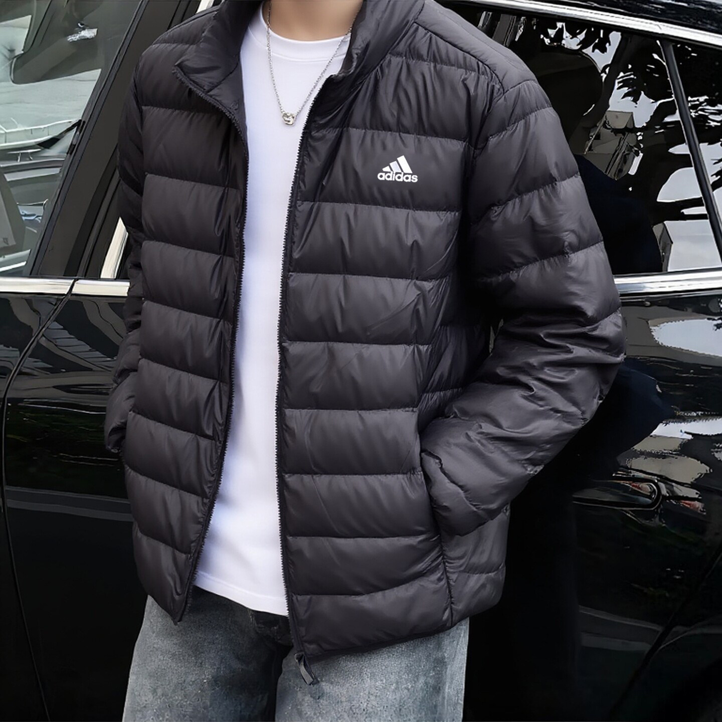 阿迪达斯轻薄羽绒服男冬季新款排骨立领鸭绒衣保暖内胆夹克外套男