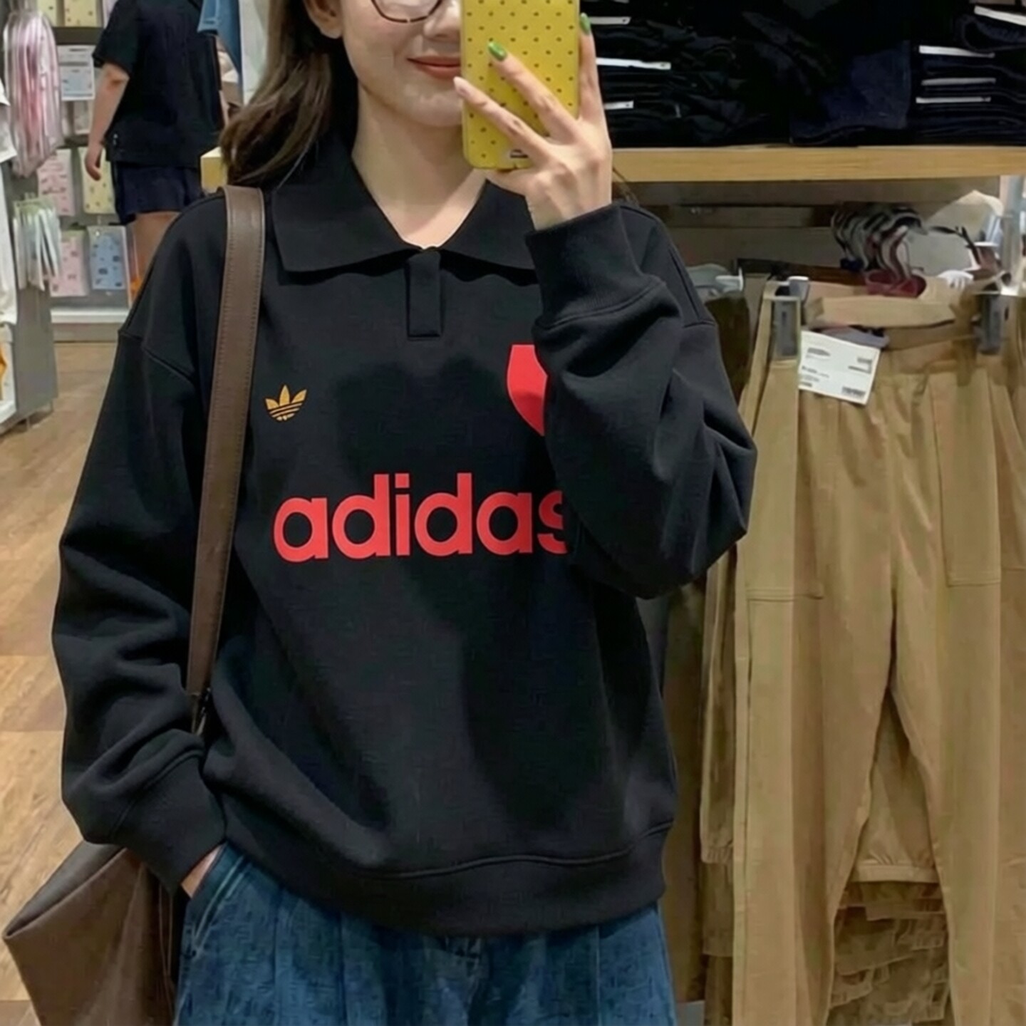阿迪达斯三叶草纯棉卫衣女秋新款复古宽松针织上衣翻领韩版运动服