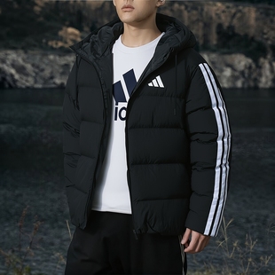 阿迪达斯三条纹羽绒服男连帽加厚保暖外套宽松防风户外羽绒运动服