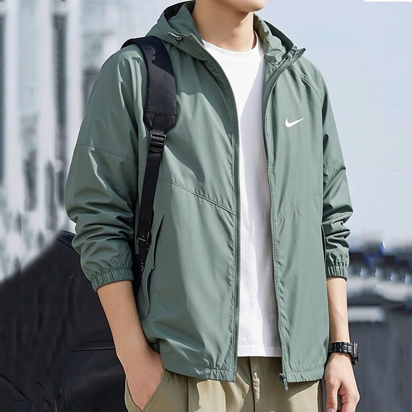 Nike耐克立领外套男网眼运动服绿色冲锋衣夹克新款梭织上衣防风衣