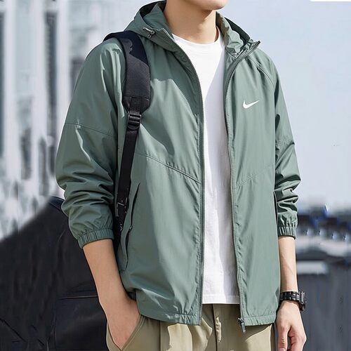 Nike耐克连帽薄款外套男子网眼运动服绿色夹克新款梭织上衣防风衣