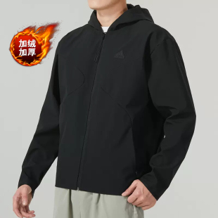 阿迪达斯男款外套冬季运动服黑色冲锋连帽加绒防风衣男夹克IK7347