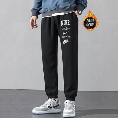 Nike耐克裤子男裤加绒运动裤印花卫裤厚款黑色训练裤小脚裤FN2644