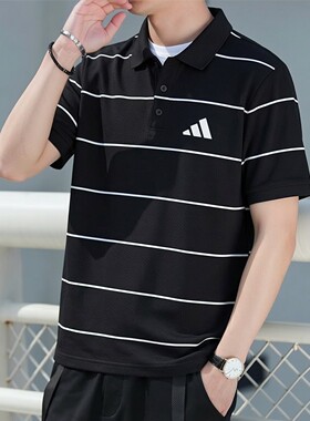 阿迪达斯翻领短袖男夏季新款黑色条纹半袖棉质宽松商务休闲polo衫