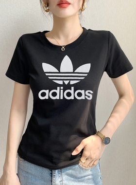 阿迪达斯三叶草T恤女春夏新款大LOGO显瘦上衣棉黑色短袖女GN2896
