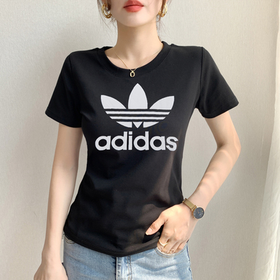 阿迪达斯三叶草T恤女春夏新款大LOGO显瘦上衣棉黑色短袖女GN2896
