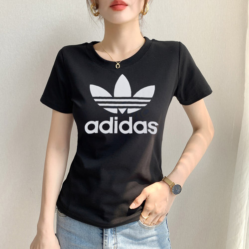 阿迪达斯三叶草T恤女春夏新款大LOGO显瘦上衣棉黑色短袖女GN2896