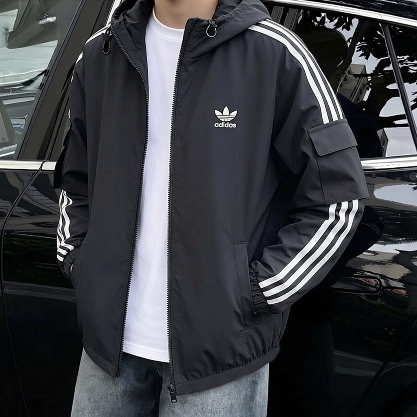 阿迪达斯三叶草外套春季新款连帽梭织防风美式篮球复古棒球服夹克