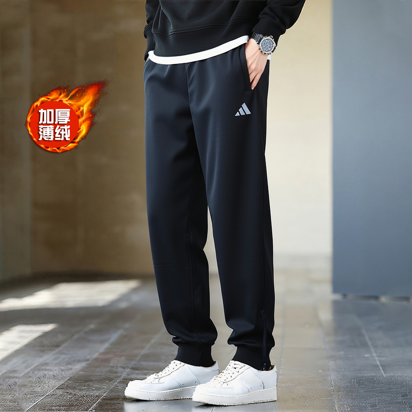 阿迪达斯加绒裤子男秋季新款保暖收口卫裤针织长裤篮球加厚运动裤