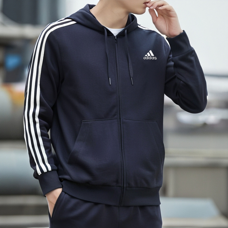 阿迪达斯夹克男士春季新款运动服针织休闲连帽开衫透气学生外套