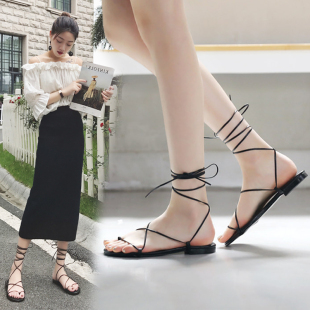 交叉绑带凉鞋女2025新款时尚平底黑色系带罗马女鞋夏仙女风配裙子