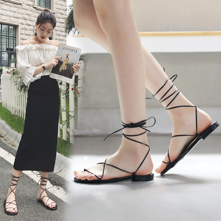 交叉绑带凉鞋女2025新款时尚平底黑色系带罗马女鞋夏仙女风配裙子
