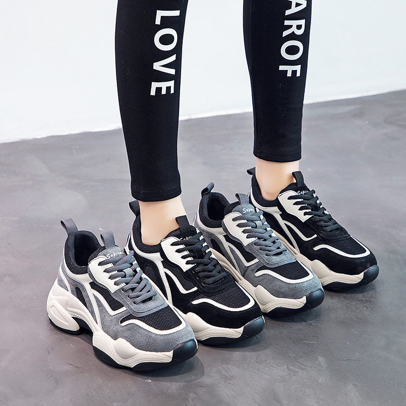 真皮拼色老爹鞋女ins潮秋季2023新款潮流网红厚底熊猫韩版休闲