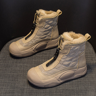 老爹 松糕厚底百搭休闲时尚 真皮真毛雪地靴女2025网红爆款 皮面女鞋