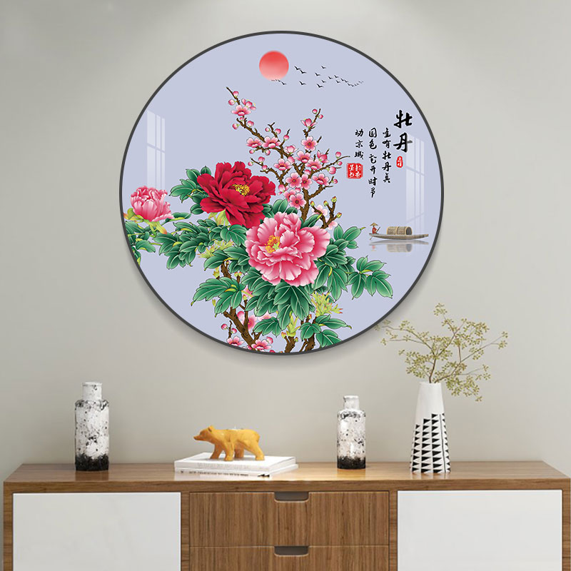 新中式圆形挂画家和花鸟客厅茶室背景墙装饰画餐厅玄关招财壁画图片