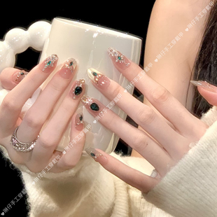 手工定制美甲拆卸穿戴甲富太太显白宝石甲 绿宝石