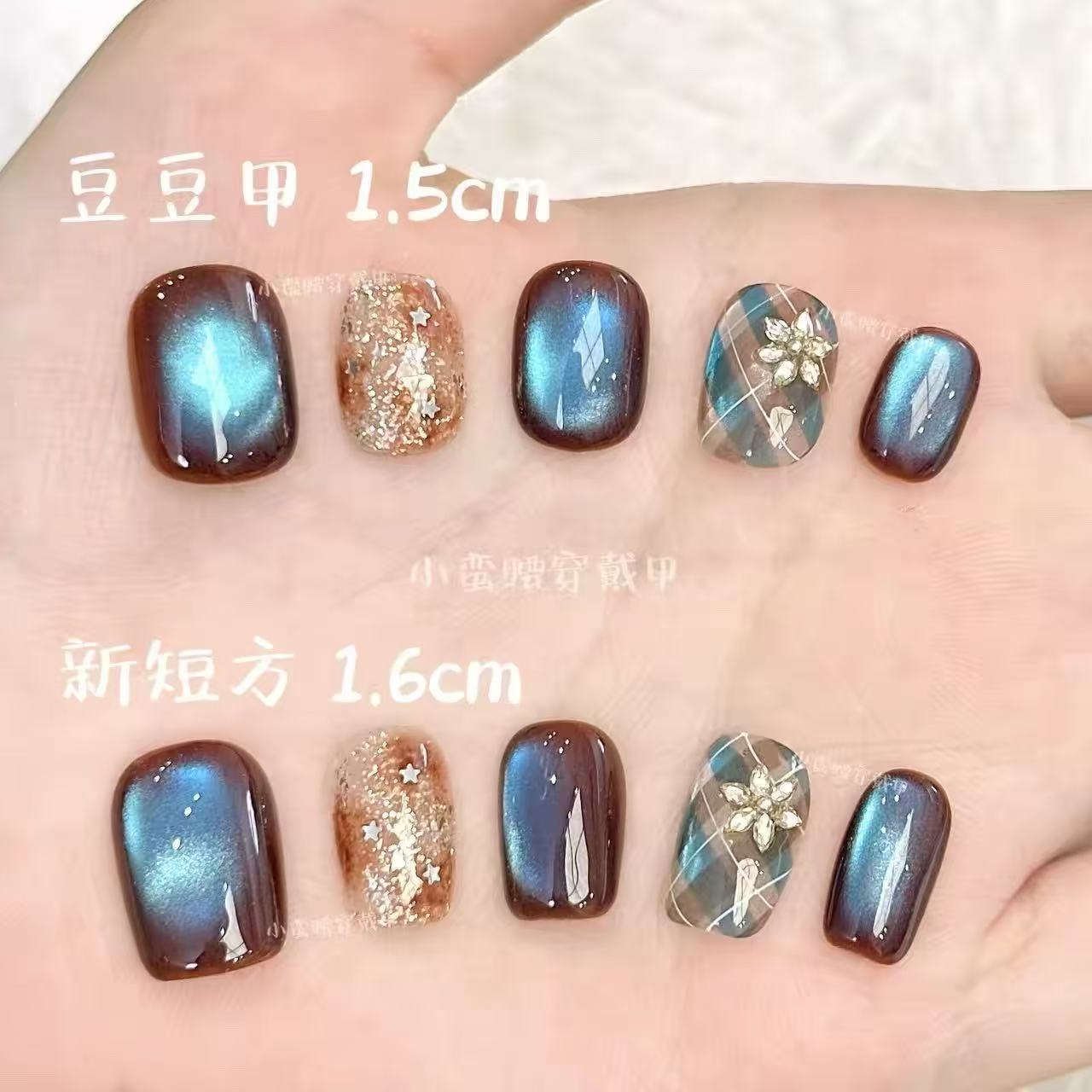 手绘格纹爆闪花砖纯手工穿戴甲